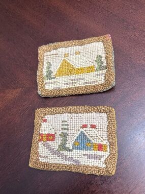 2 Vtg Miniature Dollhouse Rugs Punch Needle Winter Village Folk Art Cottage